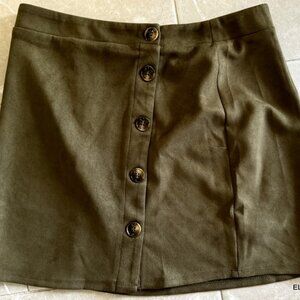 Umgee Mini Skirt Large A-Line dark Green Stretch Poly Button Front Soft Feel NEW
